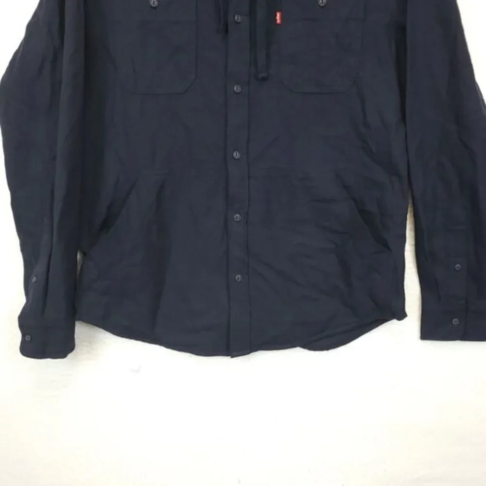 Levi's Button Up Hooded Shirt Men M Long Sleeve Front‎ Pockets Navy Blue Cotton